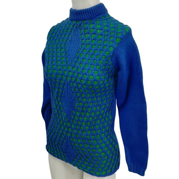 Vintage 70s Windowpane Diamond 3-D Knit Mock Neck 100% Wool Sweater Size XS? - Picture 6 of 9